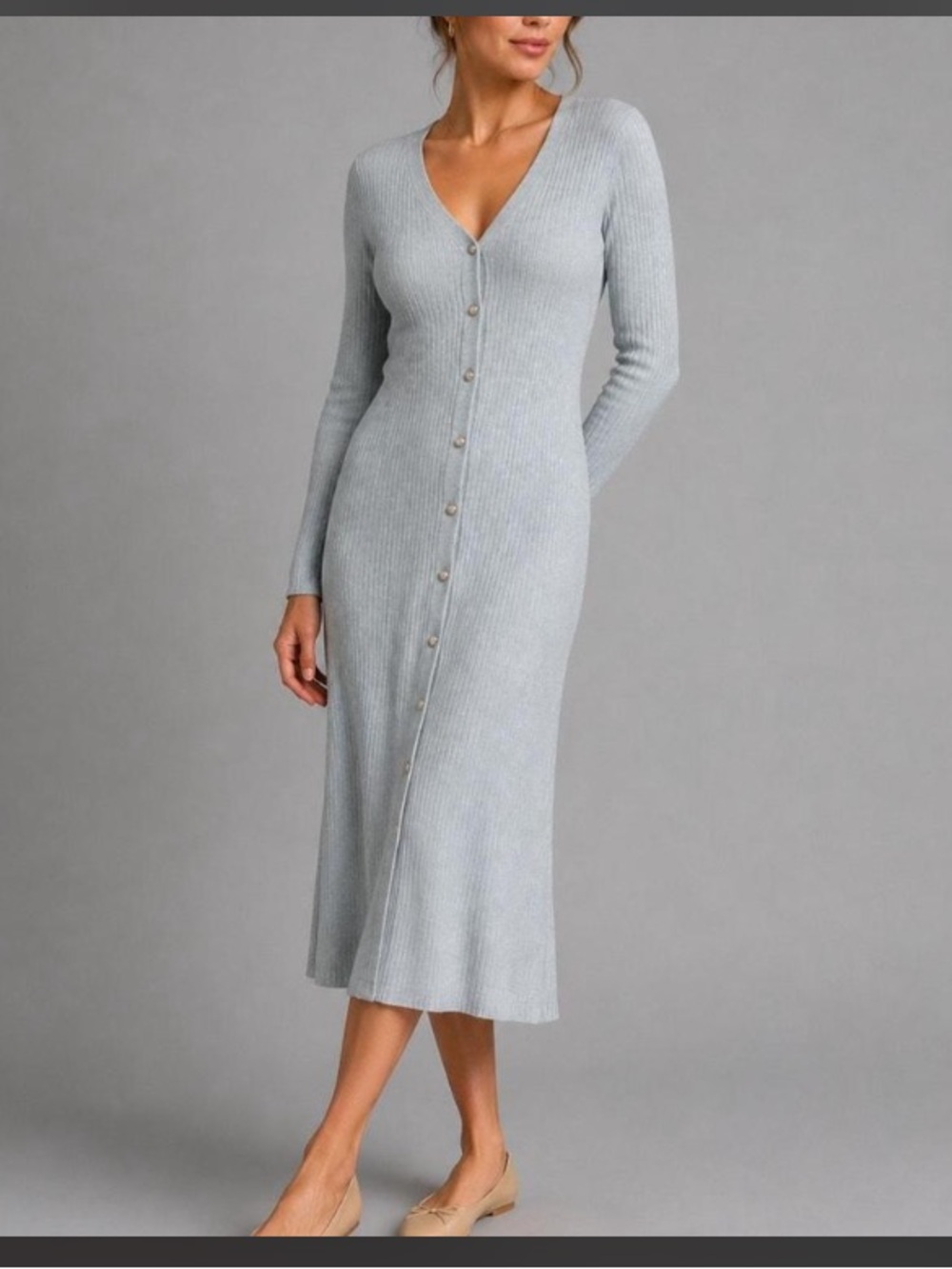 A&F Button-Front Ribbed V-Neck Long Sleeve Midi Dress